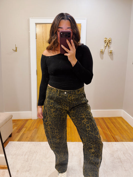 Cheetah print barrel jeans